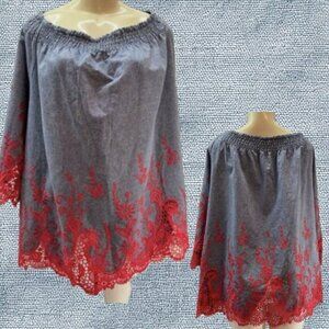 Denim 24/7 +30W Blue Denim Floral Embroidered Lace Shirred Neck 3/4 Sleeve Top